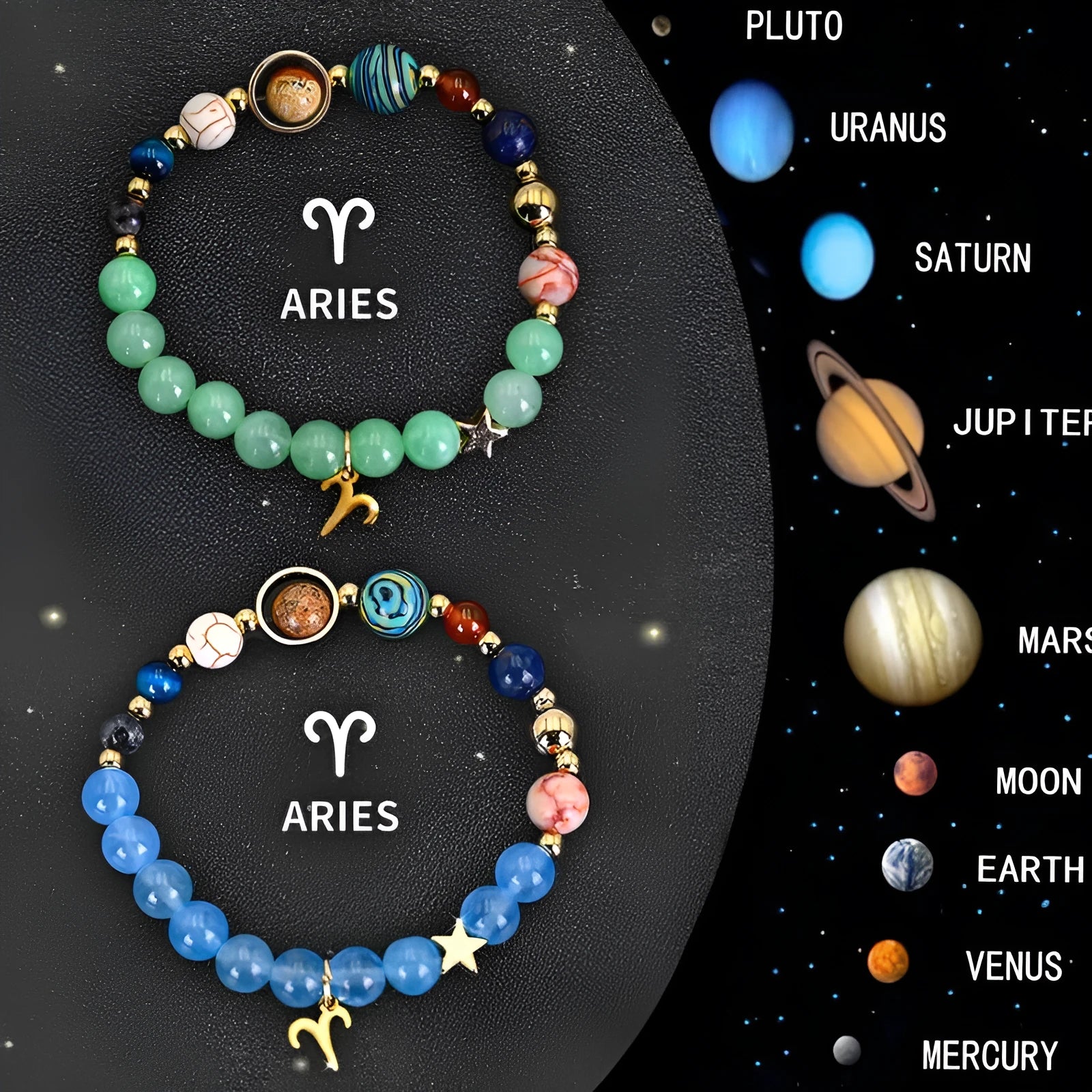 Natural stone beaded zodiac bracelets on elastic cord showing astrological symbols for twelve star signs
