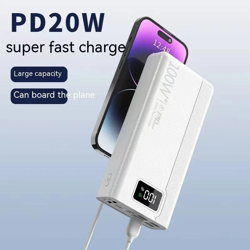Large capacity power bank in black or white plastic case with fast charging function
