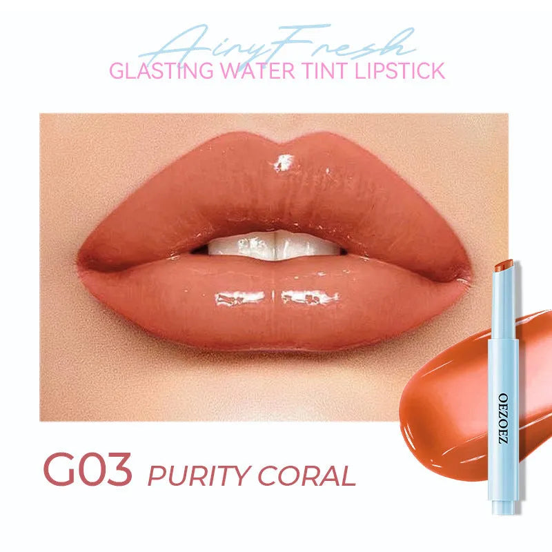 Waterproof moisturising lipstick in a case, showing one of six available colour shades.