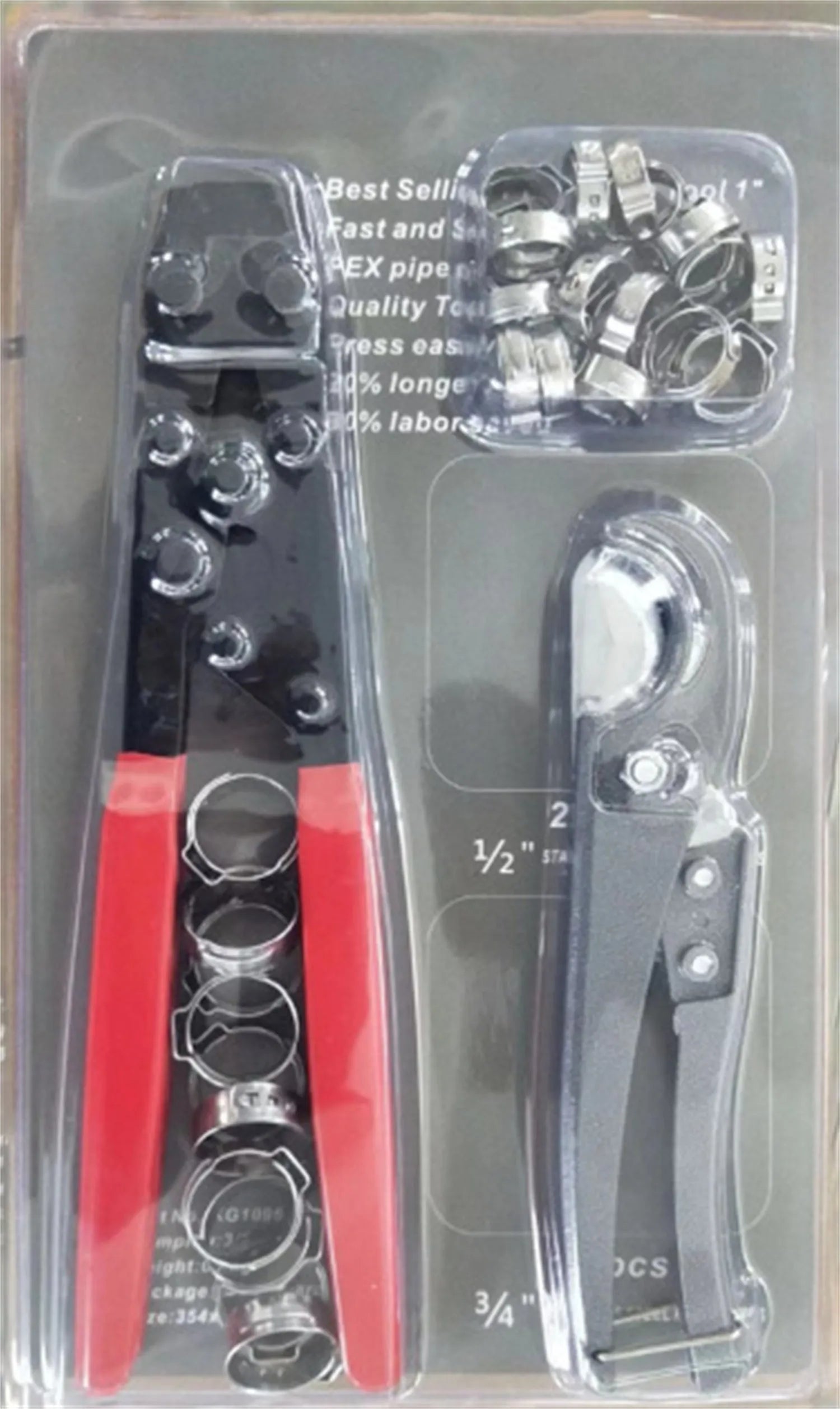 Red cloth PEX single ear clamp set with metal construction and carbon steel cutting edge