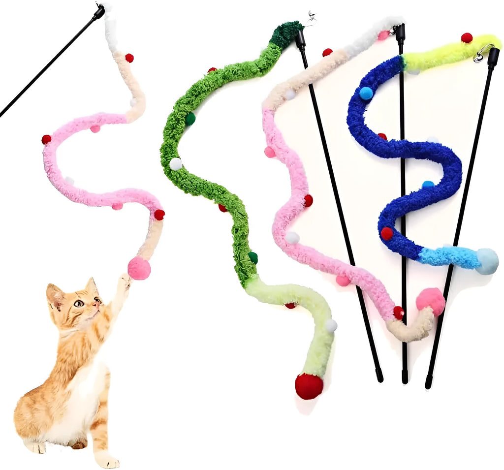 Colourful cat wand toy with plush strip, fluffy ball and bell on 41cm pole