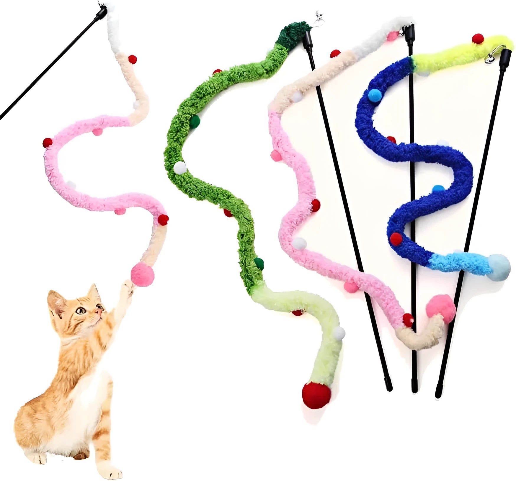 Colourful cat wand toy with plush strip, fluffy ball and bell on 41cm pole