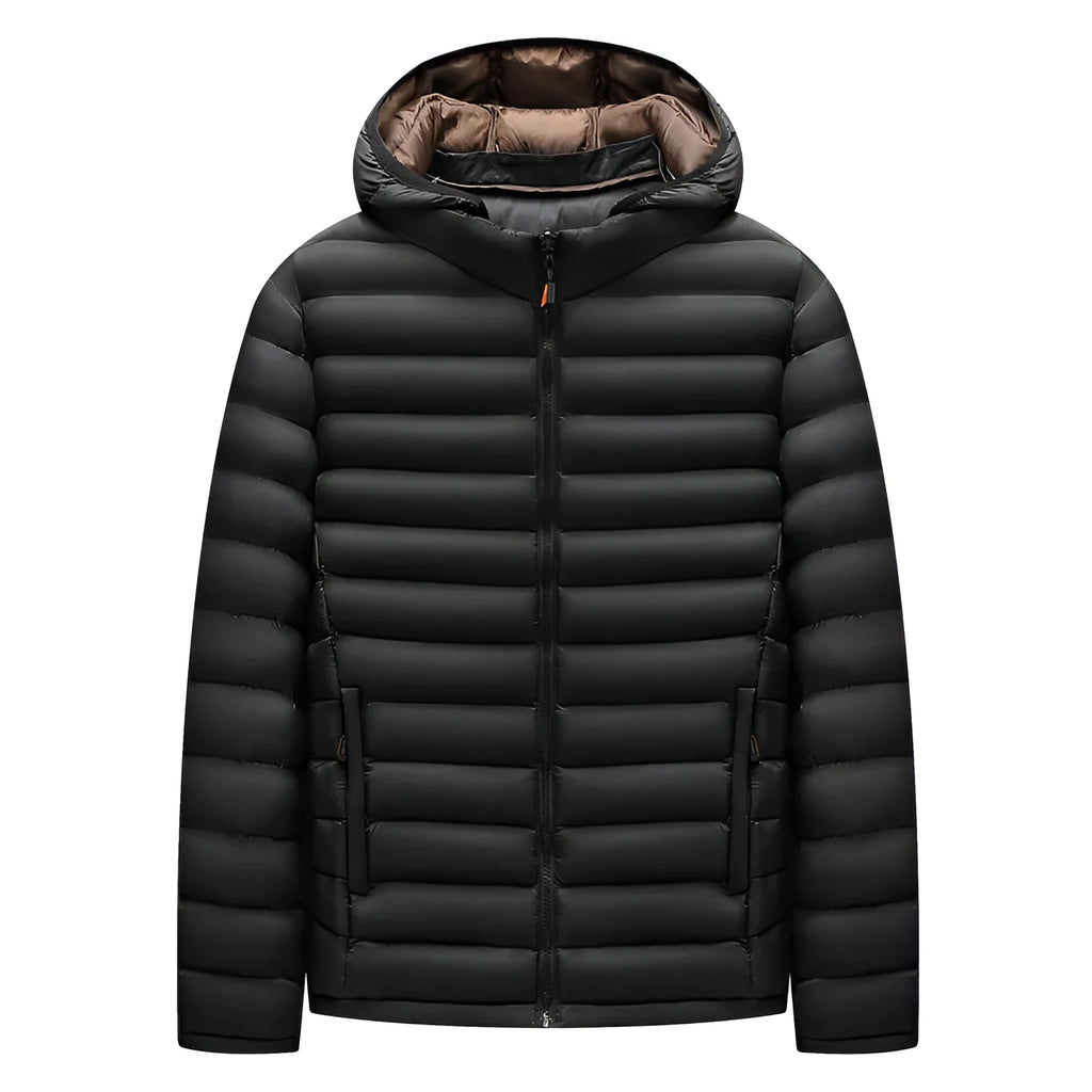 Men's lightweight down jacket with detachable hood in black, army green or blue colour