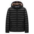 Men's lightweight down jacket with detachable hood in black, army green or blue colour