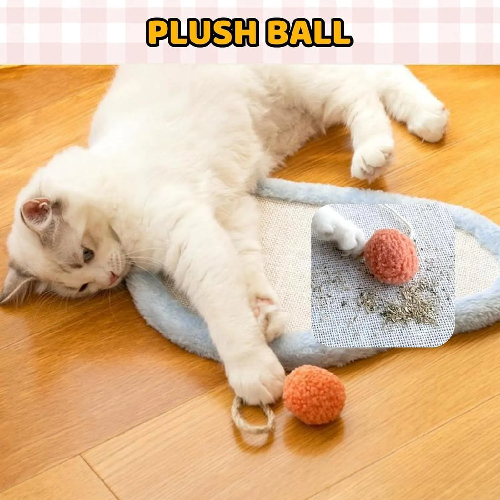 White wall-mounted cat scratching mat with a cartoon sleeping cat design, made from natural sisal.