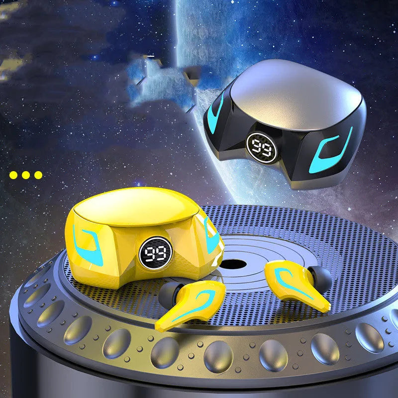 Colourful wireless gaming Bluetooth earbuds in black, grey, or yellow.