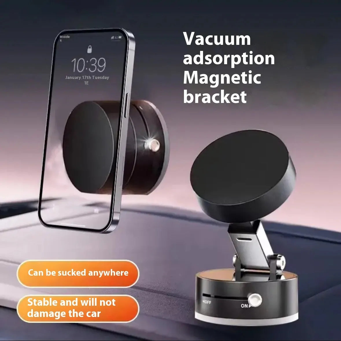 Vacuum magnetic suction phone bracket in black for car dashboard or desk use