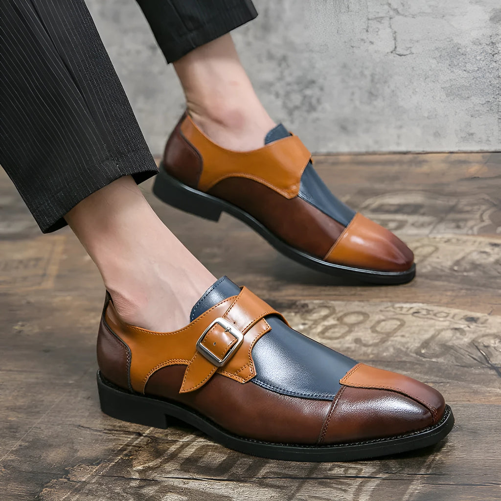 Men's British style retro buckle casual leather shoes in brown blue and black colours with tall crown design