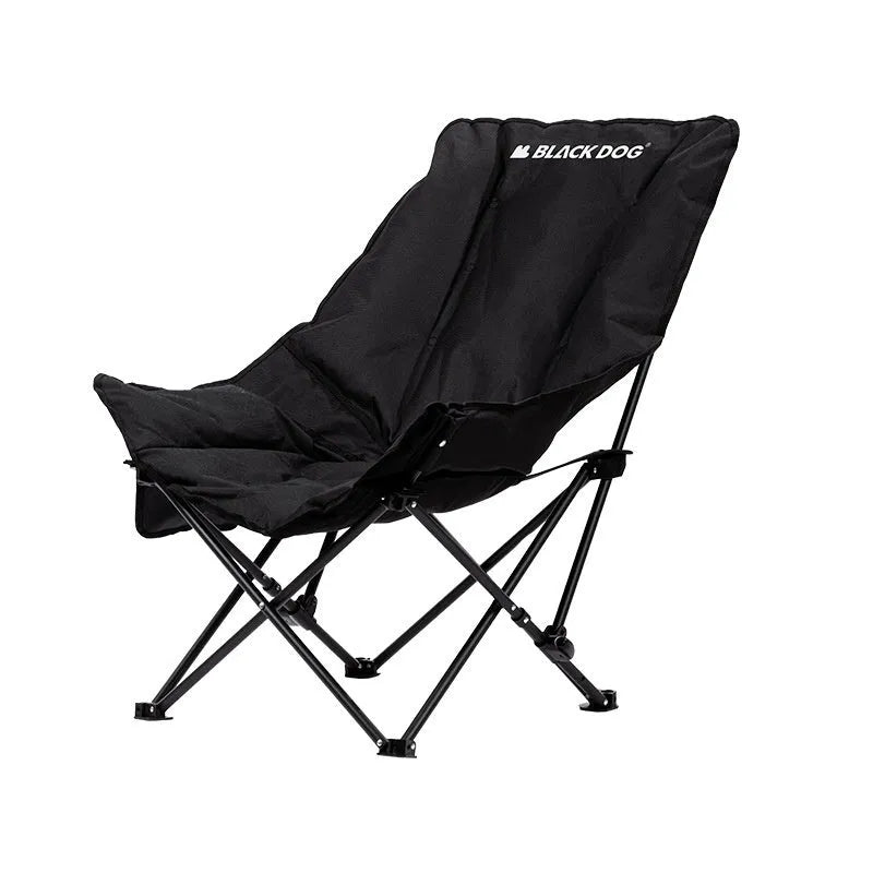 Night black Oxford cloth camping recliner moon chair in folded and unfolded positions.