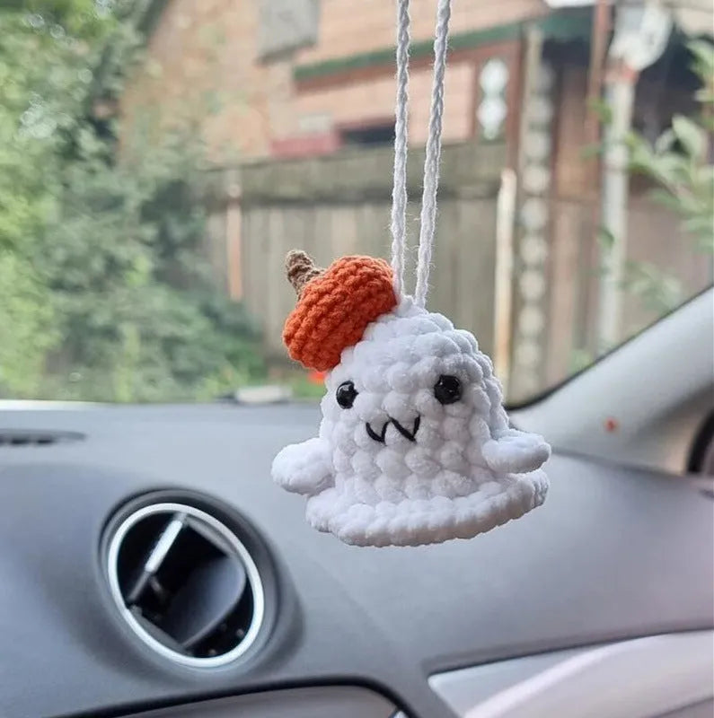 Plush hand-woven car hanging ornament in a cartoon design made from polyester