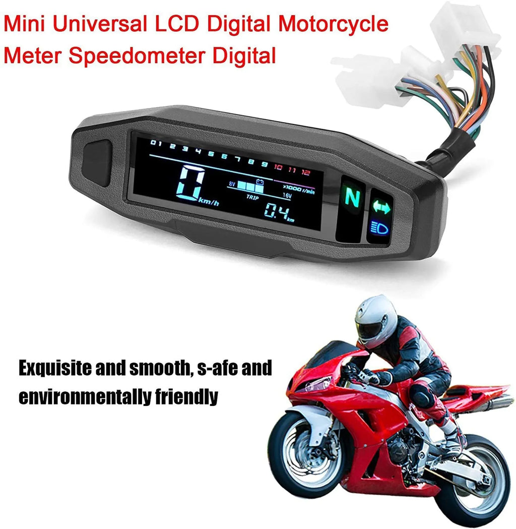 Black motorcycle mini LCD speedometer with oil gauge showing digital display and five-square fuel indicator