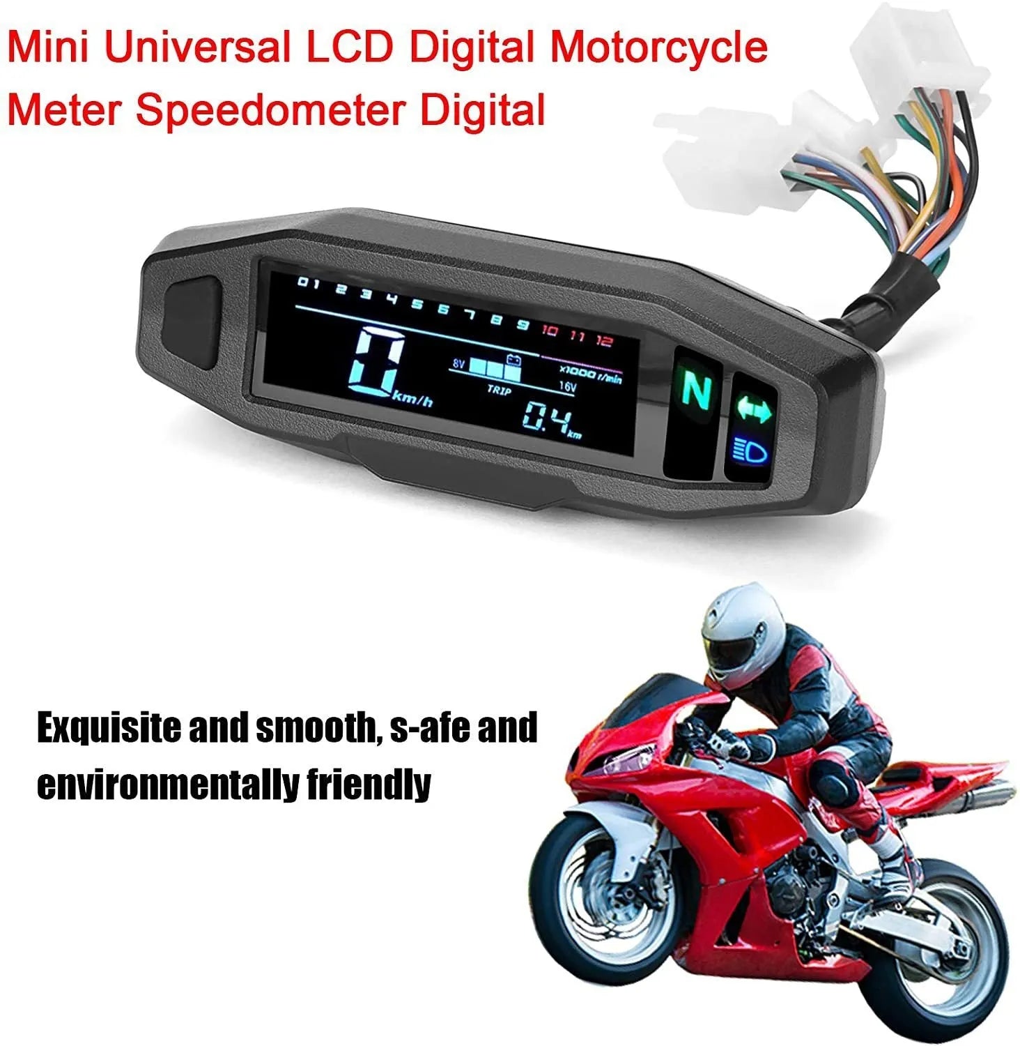 Black motorcycle mini LCD speedometer with oil gauge showing digital display and five-square fuel indicator