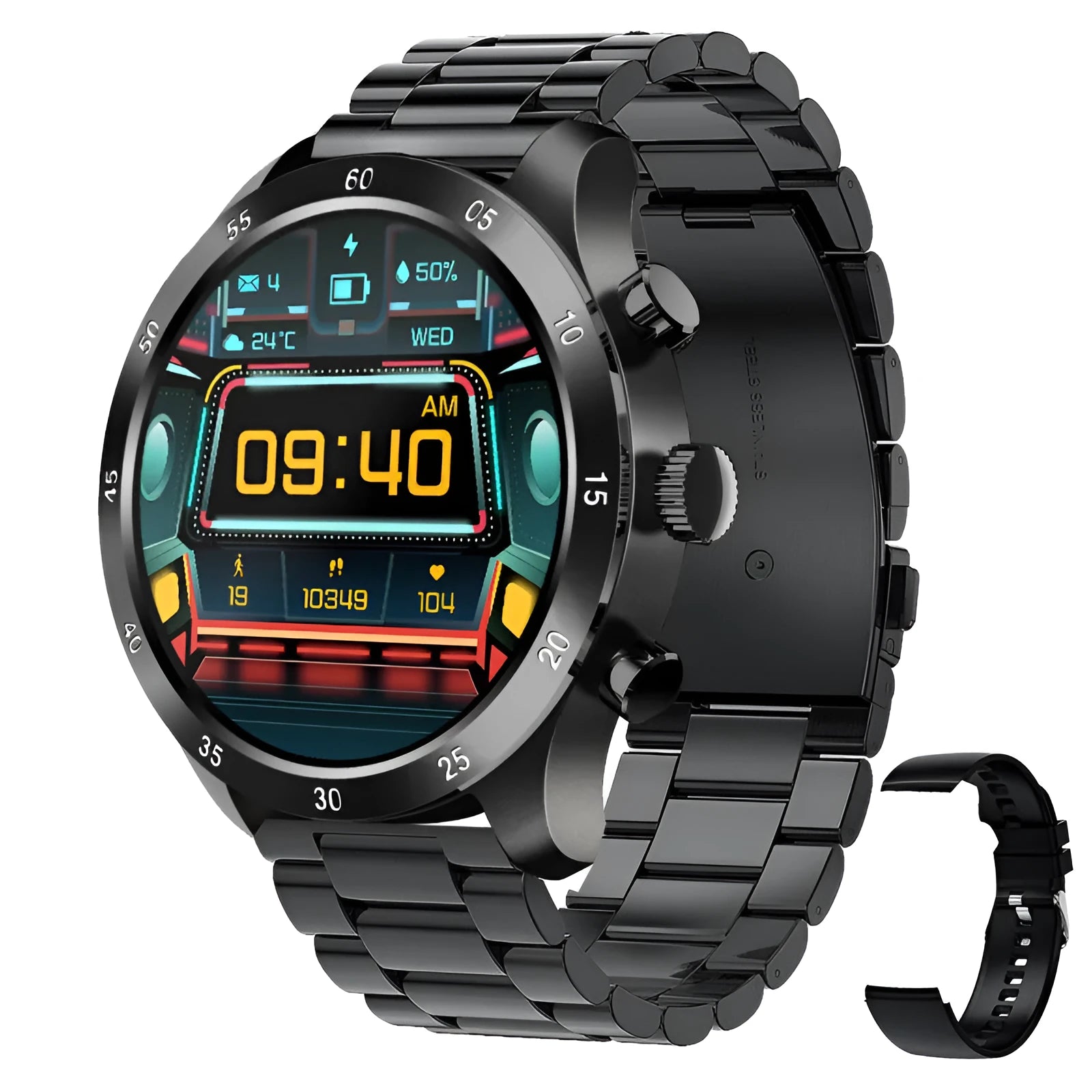 Smart watch with Bluetooth calling display showing music playback and health metrics