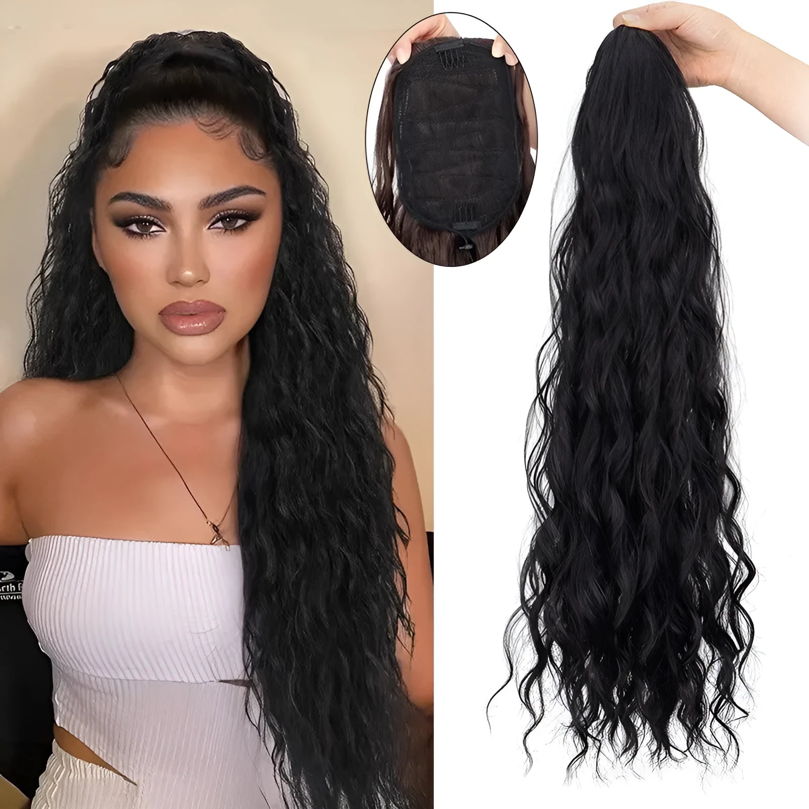 Water ripple long curly hair extension with fluffy corn curler texture in synthetic fibre