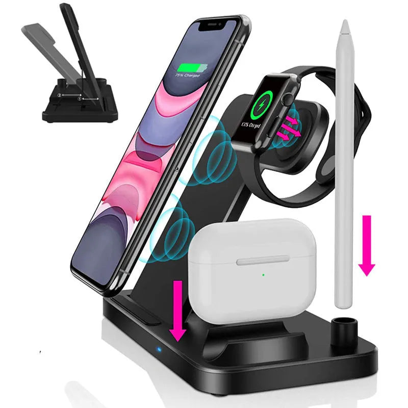 Folding 4-in-1 wireless charger in space grey colour showing vertical phone charging and Apple Pen slot
