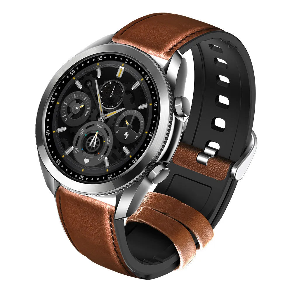 UM90 black smart watch with leather strap showing fitness stats on its 1.28-inch screen.