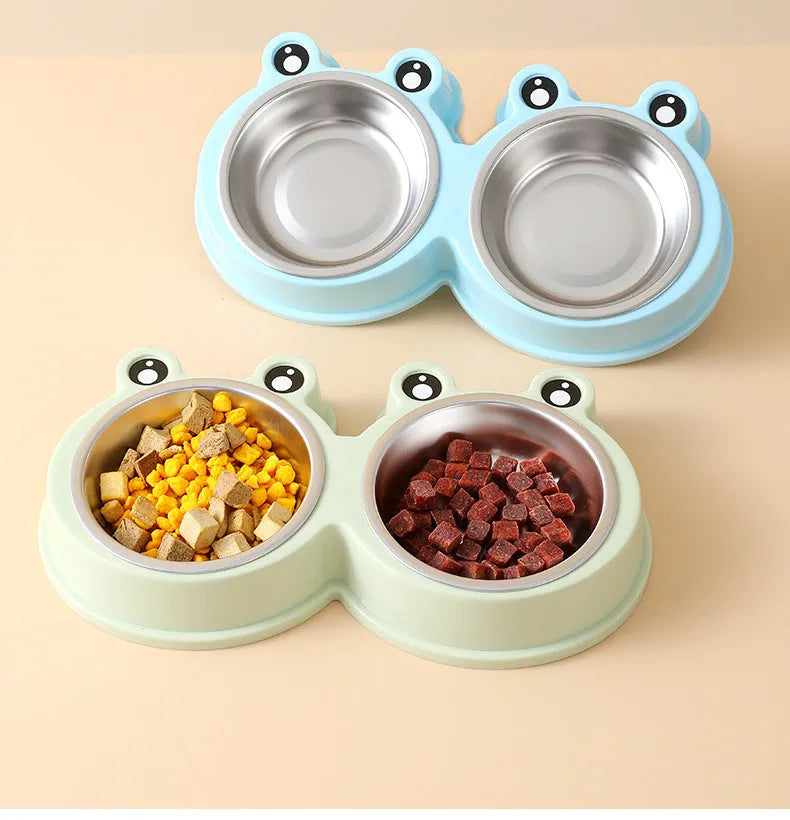 Stainless steel pet double bowl with elevated frog-style base in blue colour for cat and dog feeding