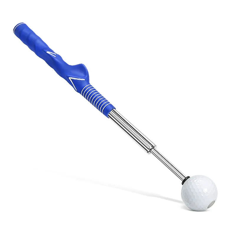 Telescopic golf swing training aid in stainless steel available in three colours