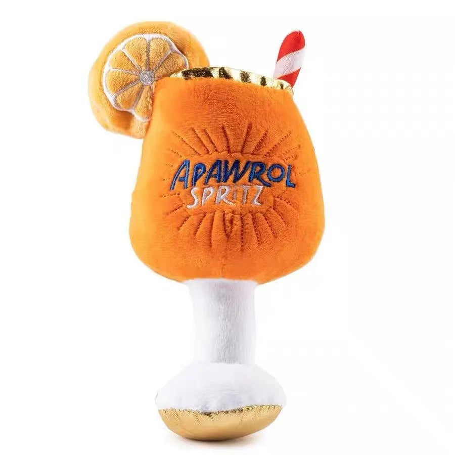 Yellow beer bottle squeaky plush dog chew toy measuring 7cm with teeth-cleaning mechanism