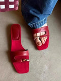 Women's plus size square toe outdoor slippers in leather with a rubber sole.