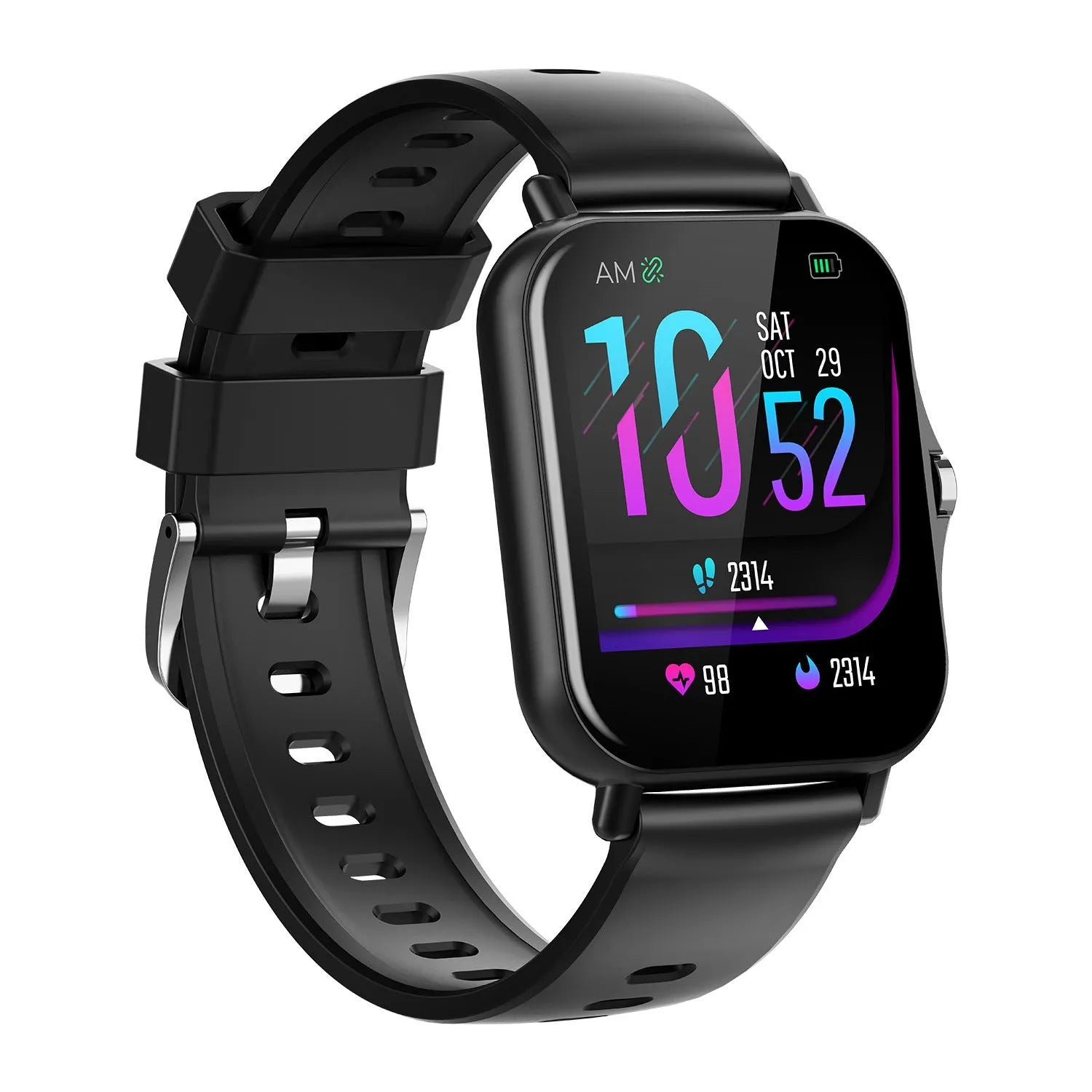Smart watch showing heart rate and blood pressure on a 1.75-inch curved touch screen, with a black wristband.