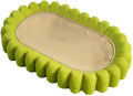 Green oval cardboard cat scratching pad with sisal surface, serving as a cat bed.