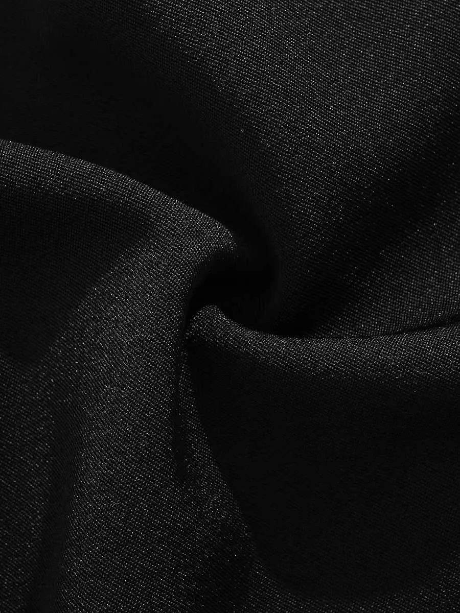 Black loose-fit semi-elastic shorts with button and zipper closure on a mid-rise waist