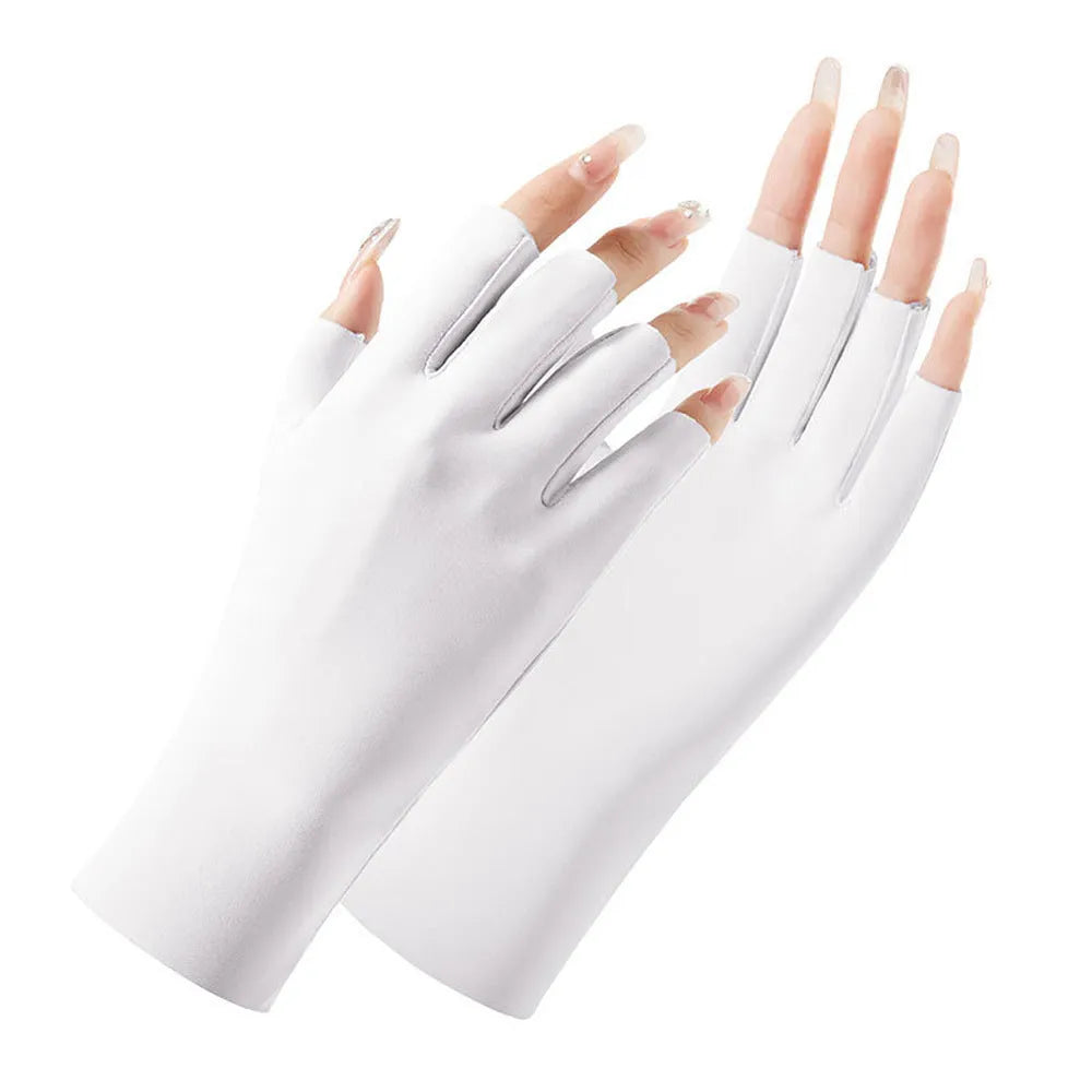 Women's thin ice silk sun gloves in various colours showing UPF50+ protection for driving and cycling.