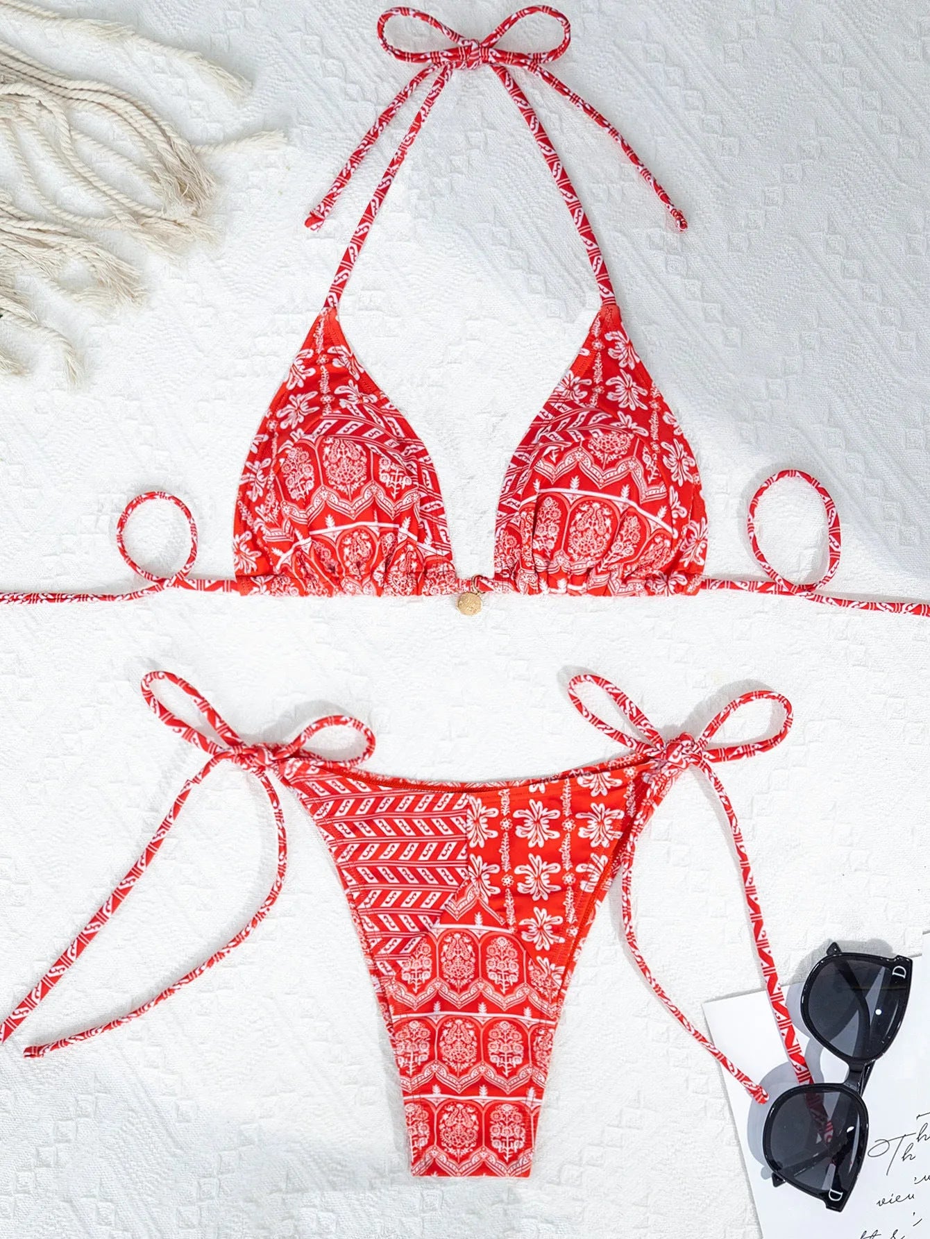 Women's split bikini swimsuit with stitching bandage design in polyester fabric