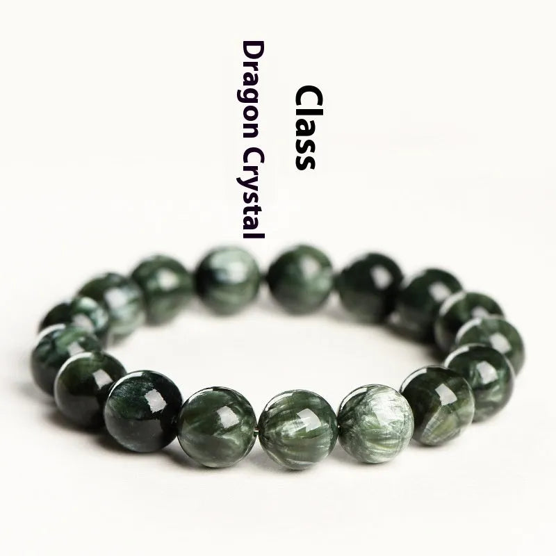 Green dragon crystal bracelet with 8-9mm round beads featuring geometric and Ruyi designs