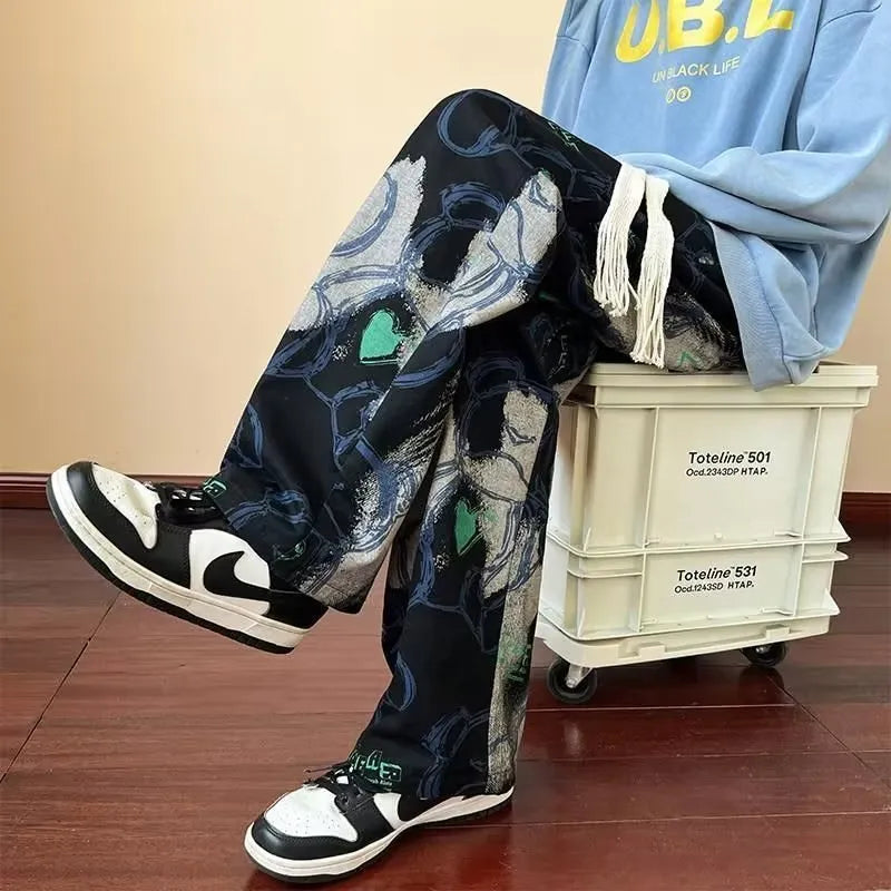 Men's casual polyester fibre trousers with cartoon print in black, size M to XXXL