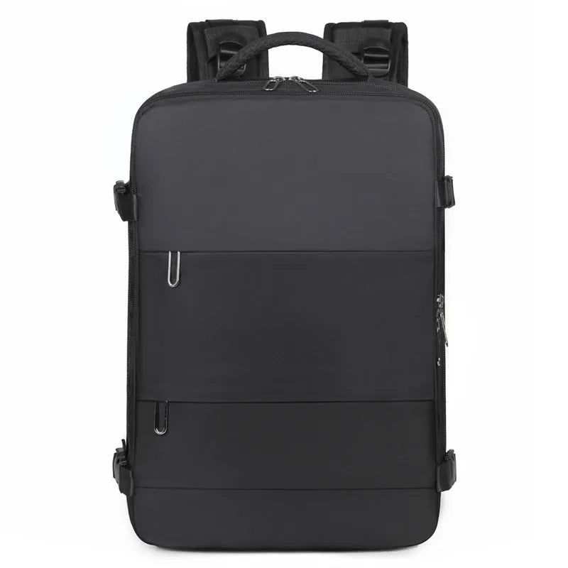 Large-capacity travel backpack in purple, grey, black, or pink with organised compartments and waterproof Oxford fabric
