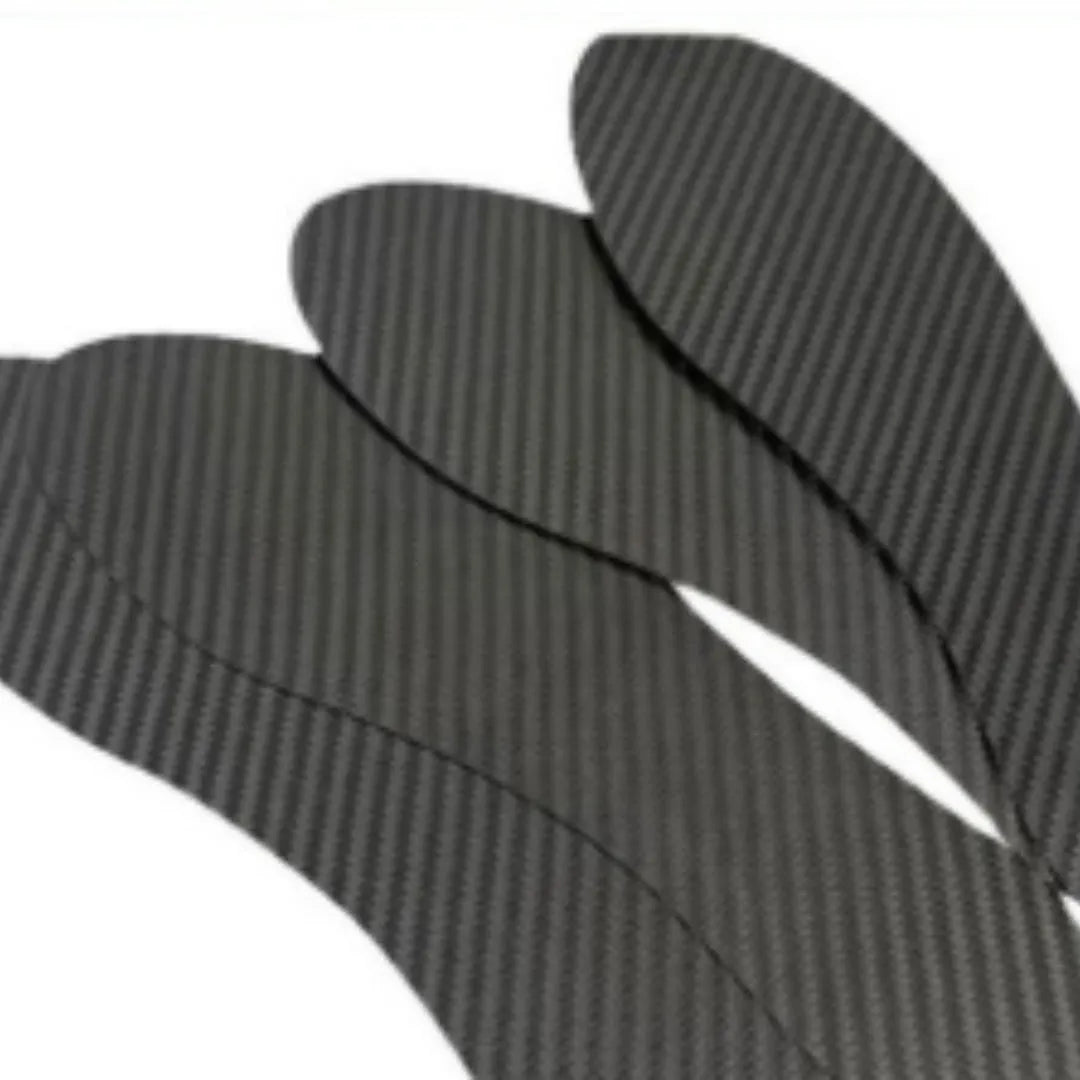 Black 3K carbon fiber running insoles showing full palm design, placed next to a running shoe.