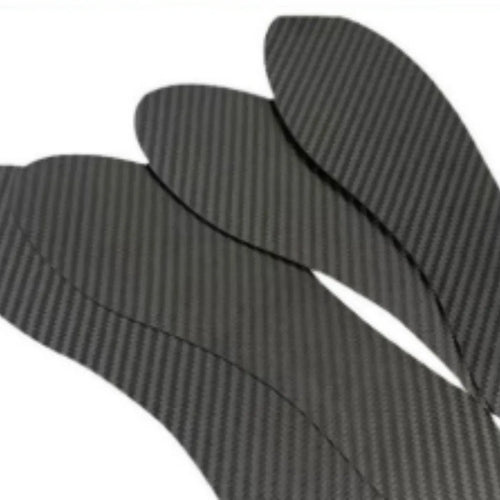 Black 3K carbon fiber running insoles showing full palm design, placed next to a running shoe.