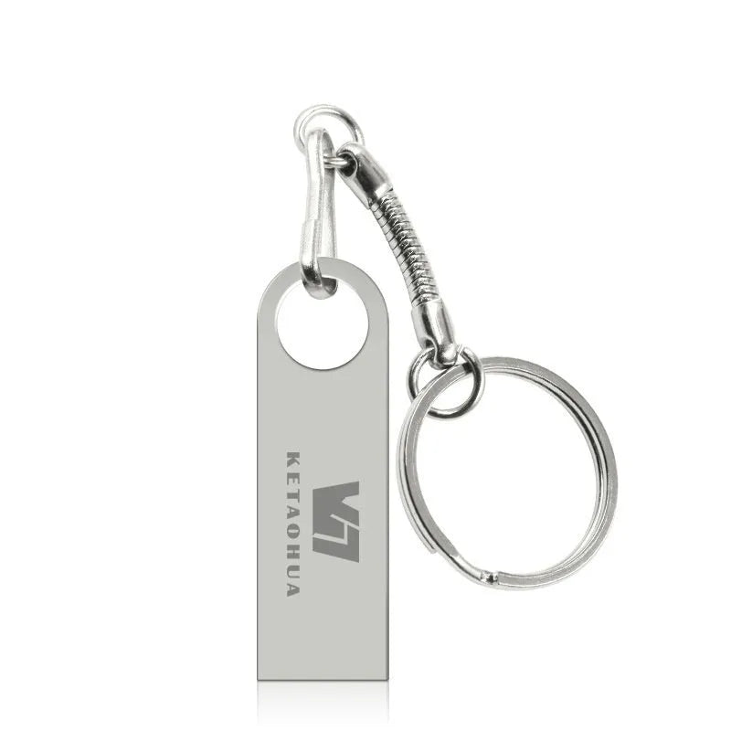Silver metal car-shaped USB flash drive on a white background showing compact size.
