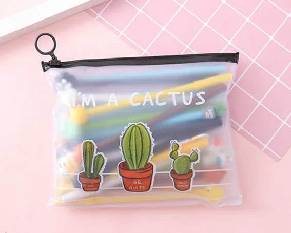 Marvel cartoon cactus boy and girl design pens in a plastic storage case.