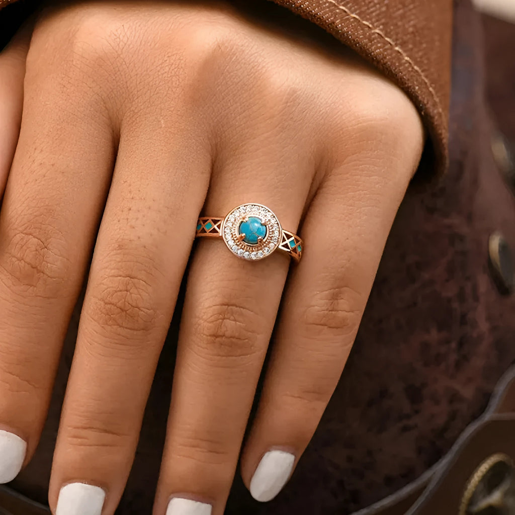 Women's geometric copper ring with turquoise ethnic style oil micro inlaid zircon treatment in rose gold colour