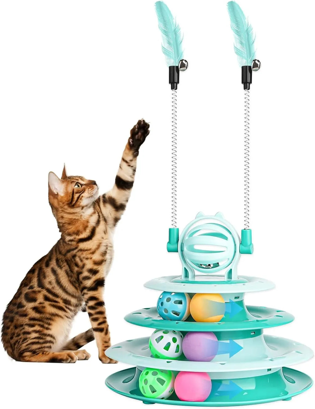 Blue 4-tier interactive cat carousel toy with coloured balls and teasing rods