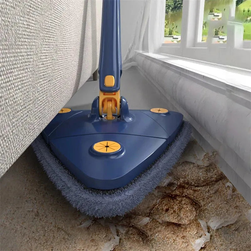 Blue triangle cleaning mop with extendable pole and rotating head for corner cleaning