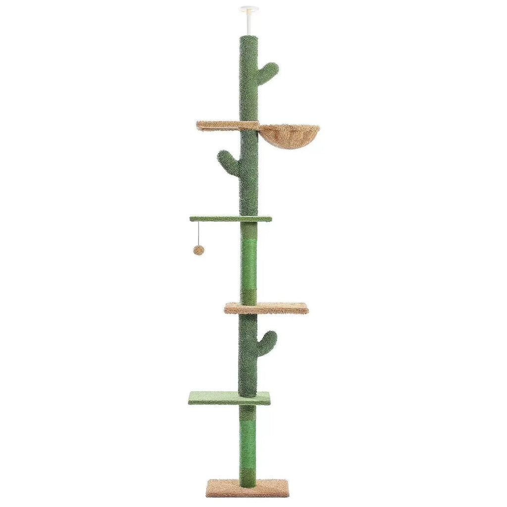 Solid wood cat climbing frame with cactus-shaped nest, scratch board, and toys measuring 240cm tall