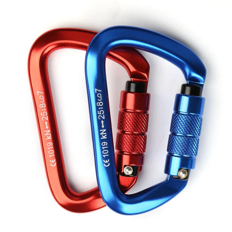 D-shaped climbing carabiner main lock shown in red, with choice of automatic or threaded gate closure.