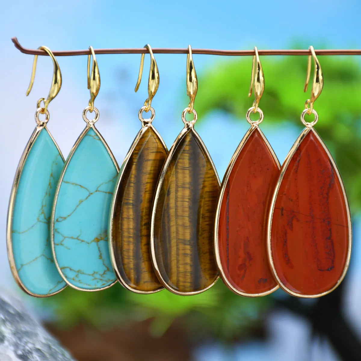 Vintage stone drop earrings with water droplet texture in Tigereye, amethyst, pink crystal, Redstone or turquoise