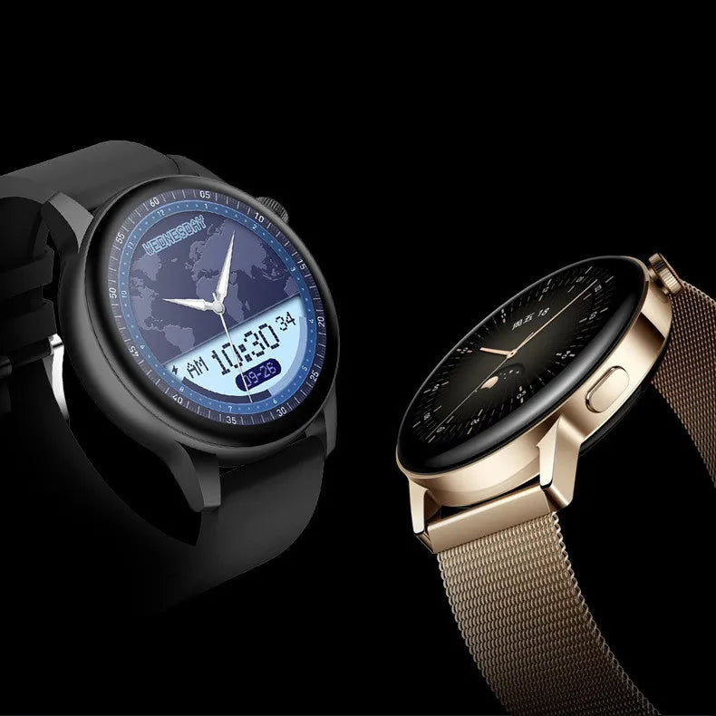 Stainless steel smart watch with colour touch screen on a wrist, showing a watch face.