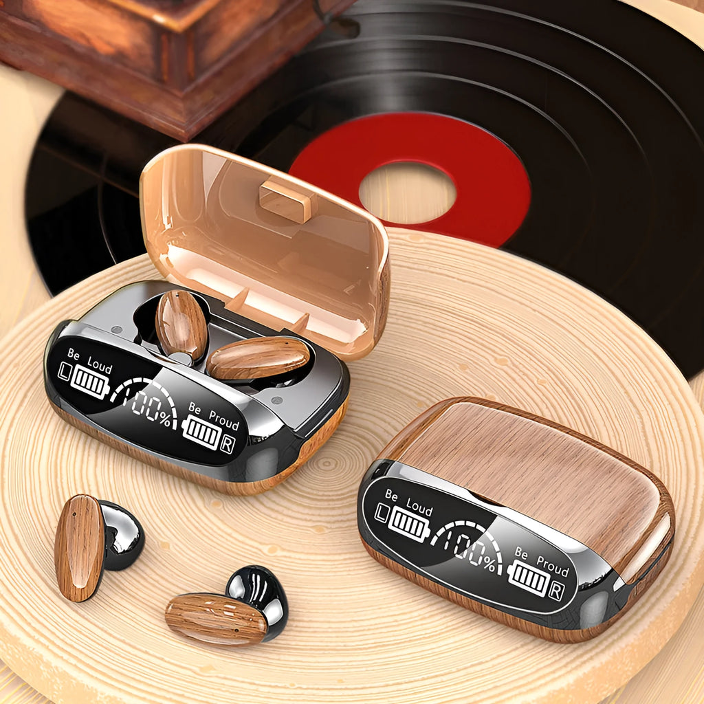 M35 wood grain Bluetooth headphones with charging case showing wood texture finish