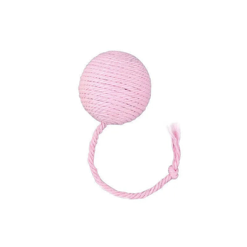 Colourful cat toy ball with rope handle and internal bell in 6cm or 3cm sizes