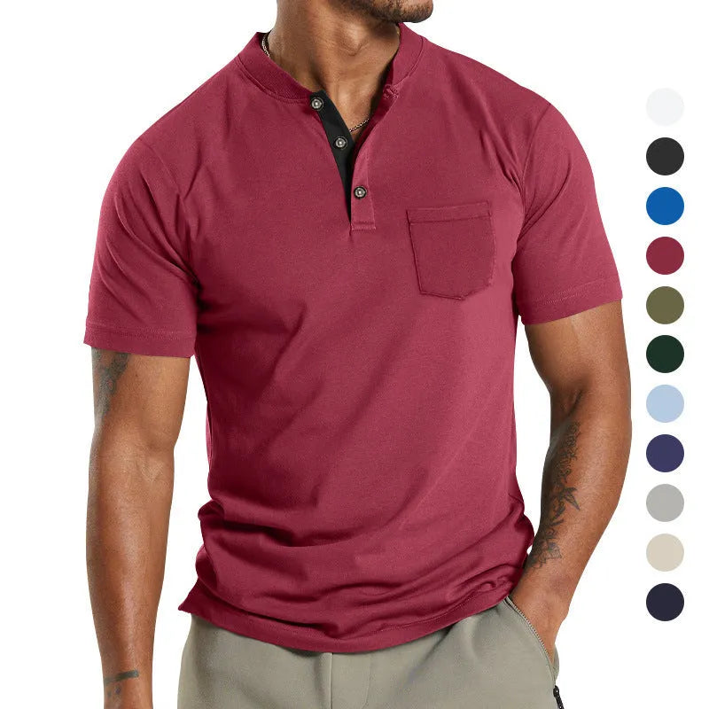 Plus size man wearing a light grey short sleeve casual shirt with a button chest pocket.