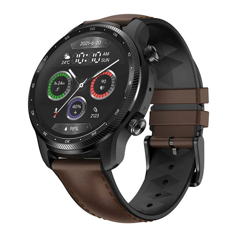 Ticwatch Pro X black smart watch with round display showing fitness metrics on wrist