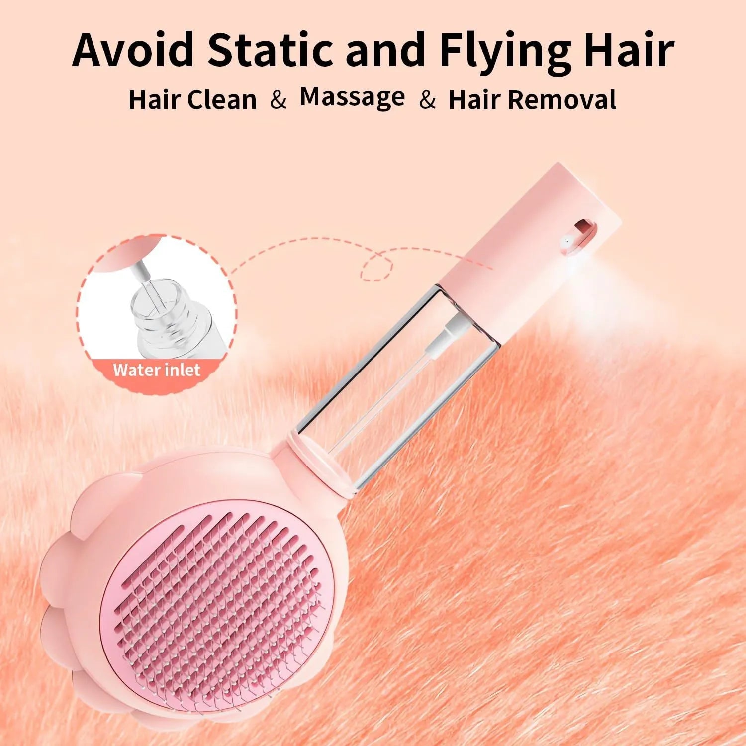 Grey spray cat brush with self-cleaning button and stainless steel bristles on a white background.