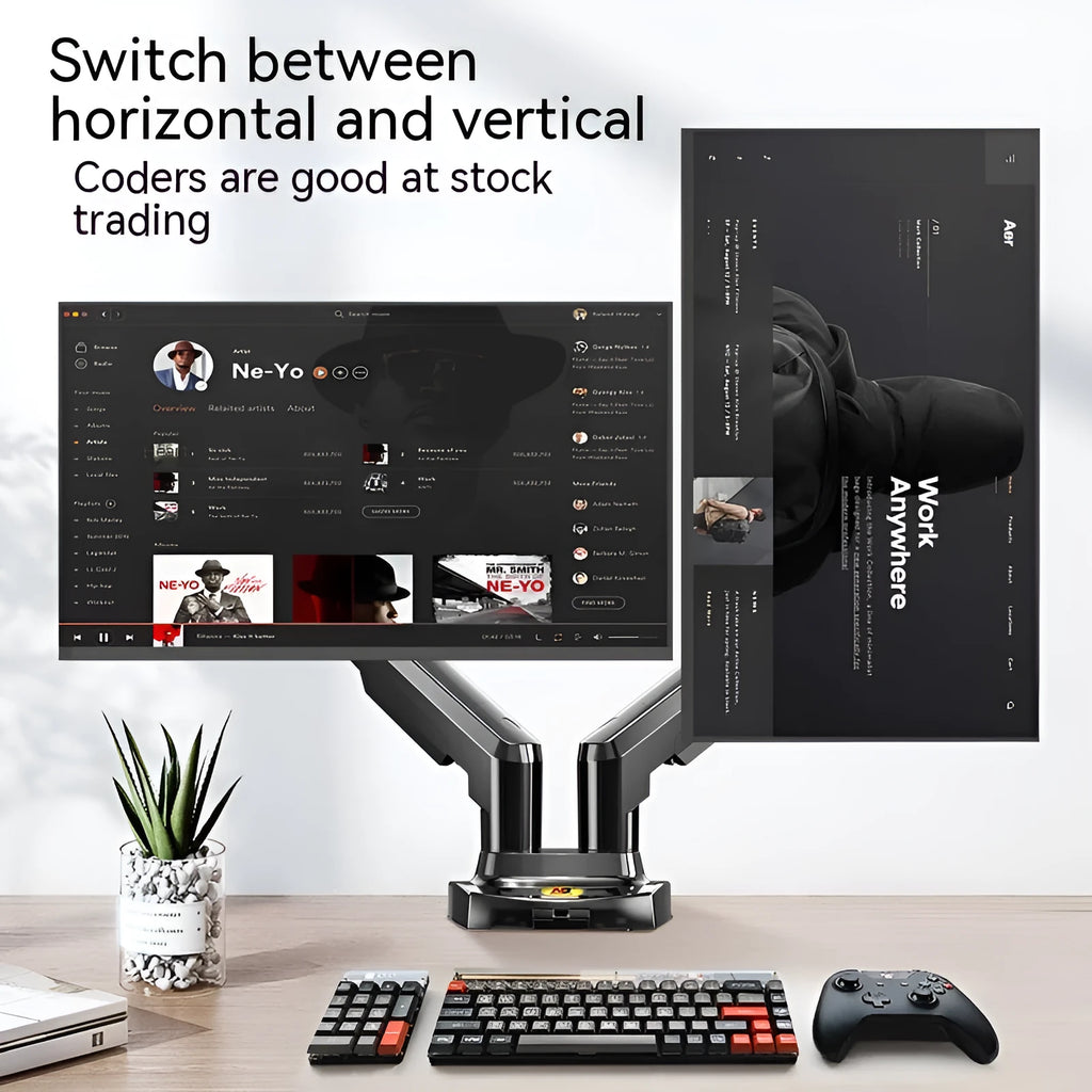 Dual monitor desk clamp bracket showing VESA mounting arms and height adjustment mechanism.