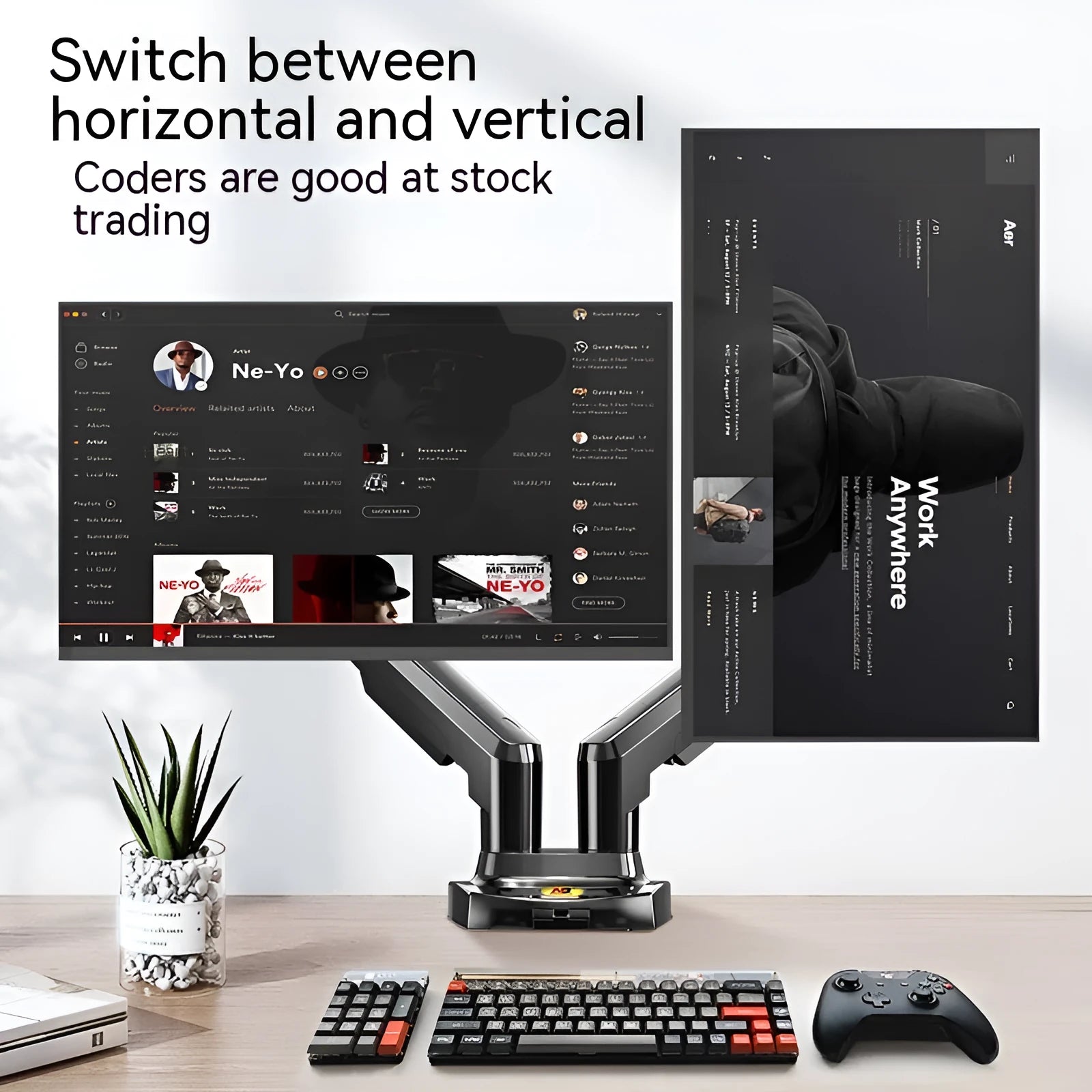 Dual monitor desk clamp bracket showing VESA mounting arms and height adjustment mechanism.